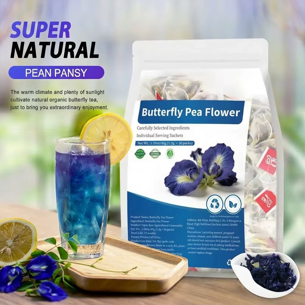 Dried Flower Bulk - ถุงชาสามเหลี่ยมดอกอัญชันออร์แกนิก, ดอกอัญชันแห้ง, ช่วยผ่อนคลายอารมณ์และบรรเทาความเครียด, 30 ซอง จัดส่งฟรี